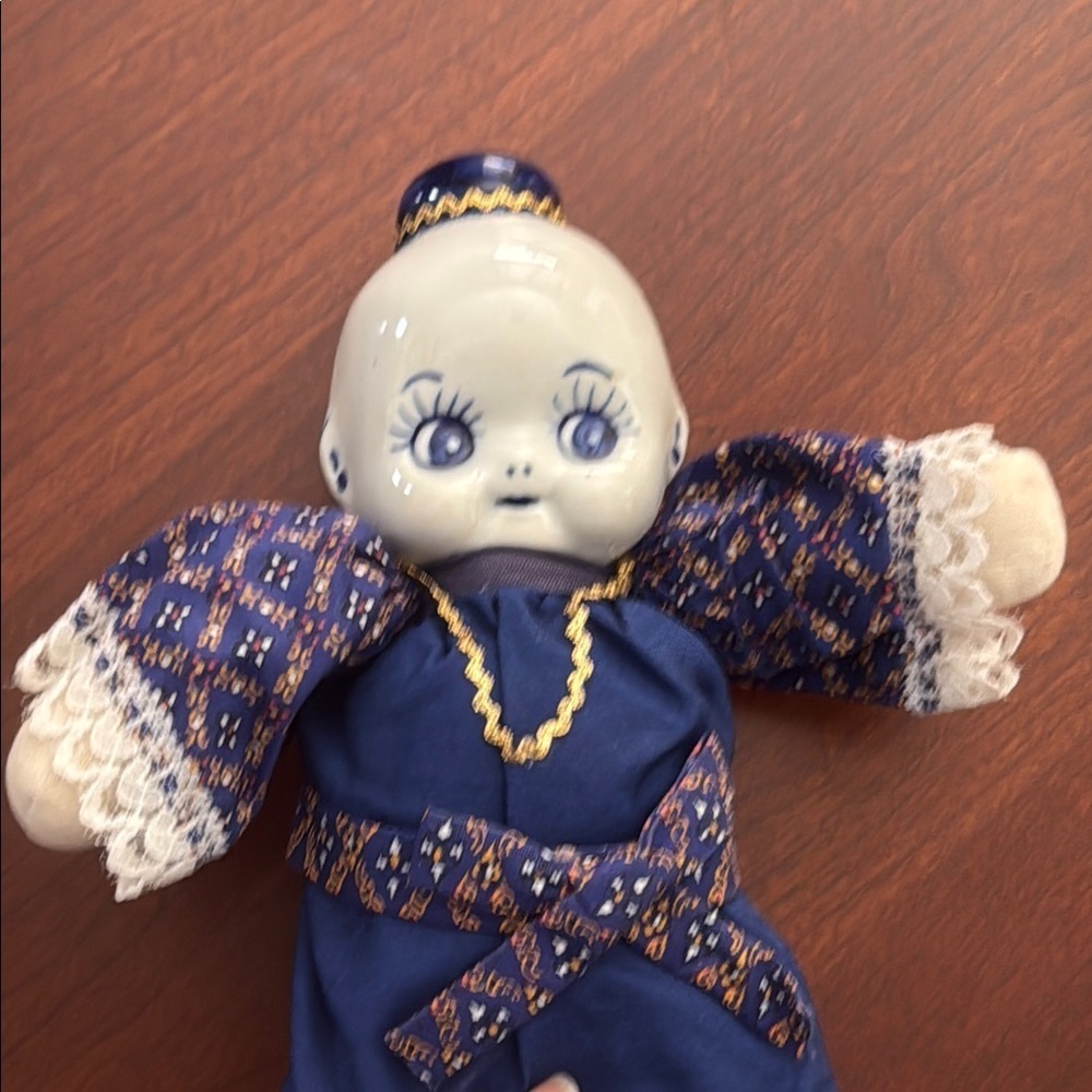 Rare Blue china kewpie Delft Porcelain Doll with Intricate Patterns - Picture 4 of 8